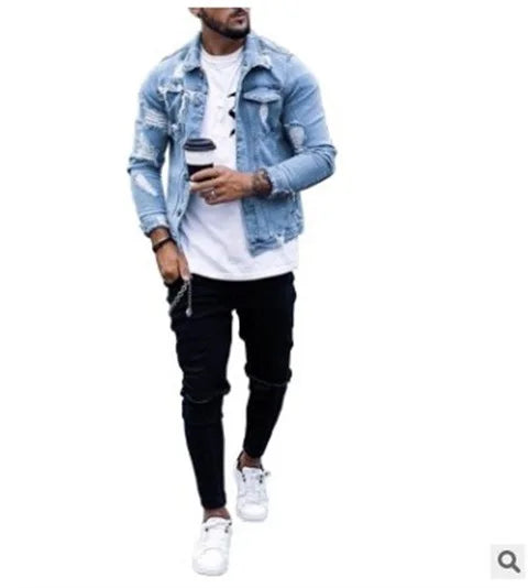 Men Denim Jacket Ripped Motor Biker Coat Long Sleeve