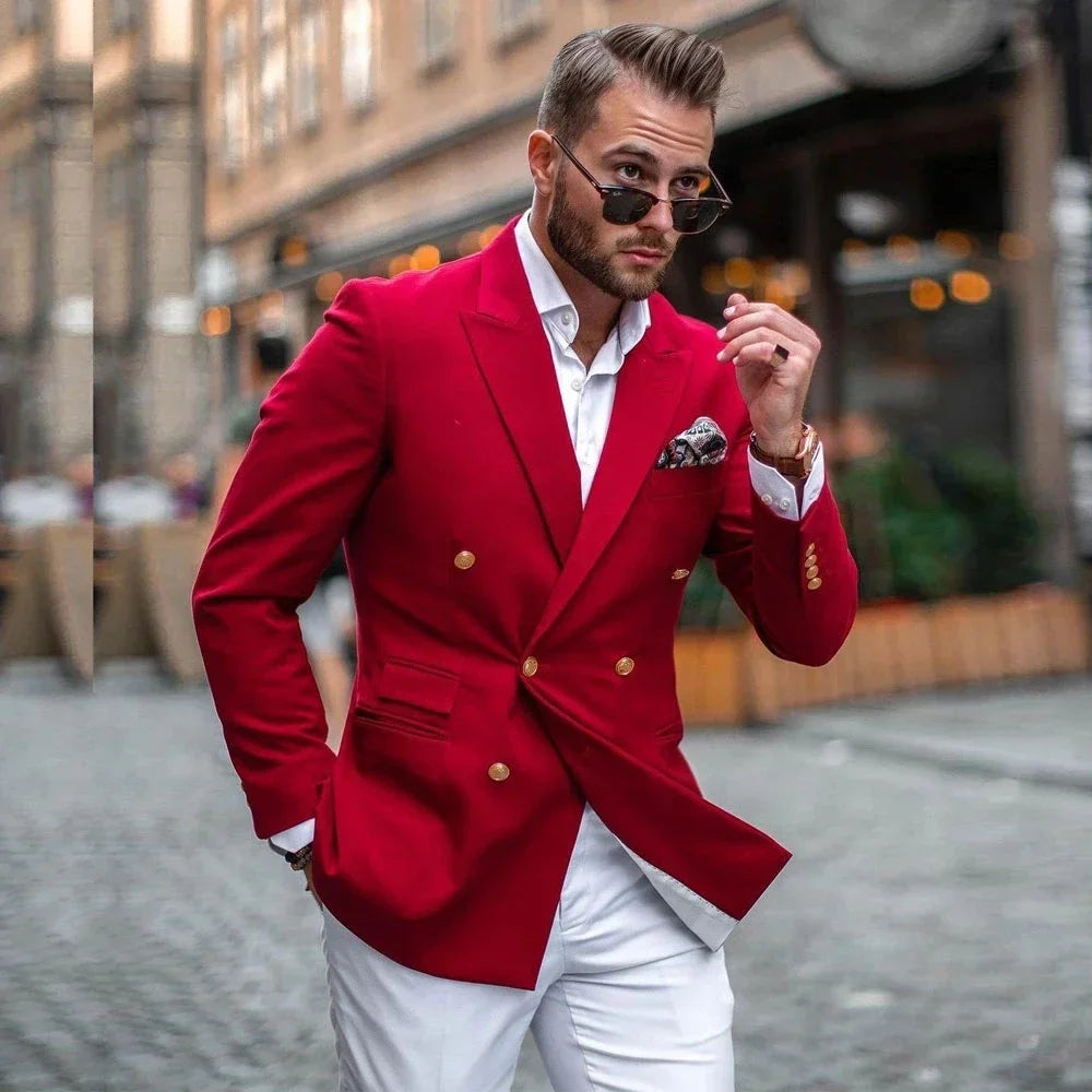 Red Jacket White Pant Men Suit Casual Slim Fit Blazer.