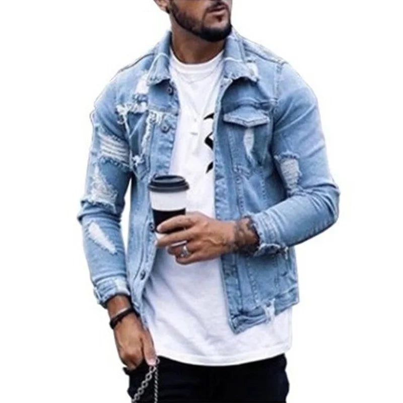 Men Denim Jacket Ripped Motor Biker Coat Long Sleeve