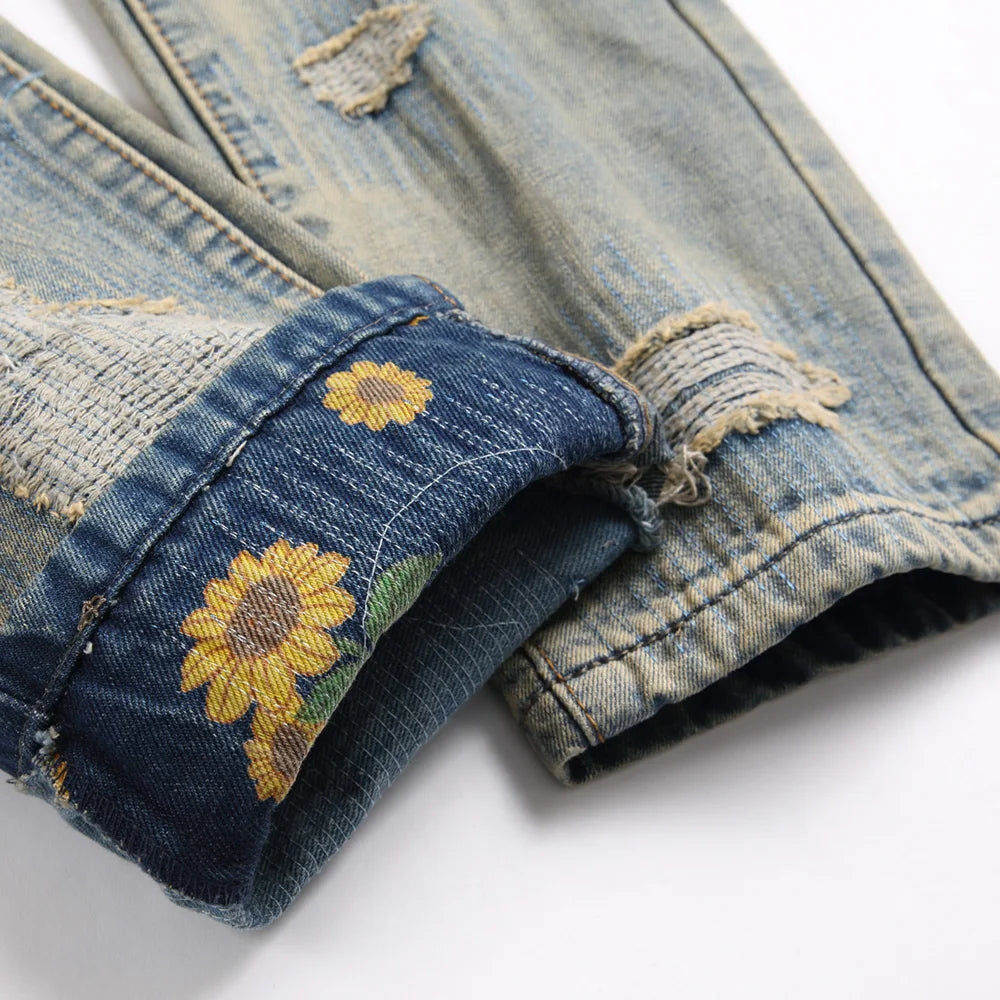 Man  Jeans Flower Patches Ripped