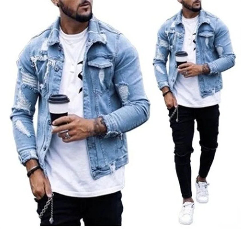 Men Denim Jacket Ripped Motor Biker Coat Long Sleeve