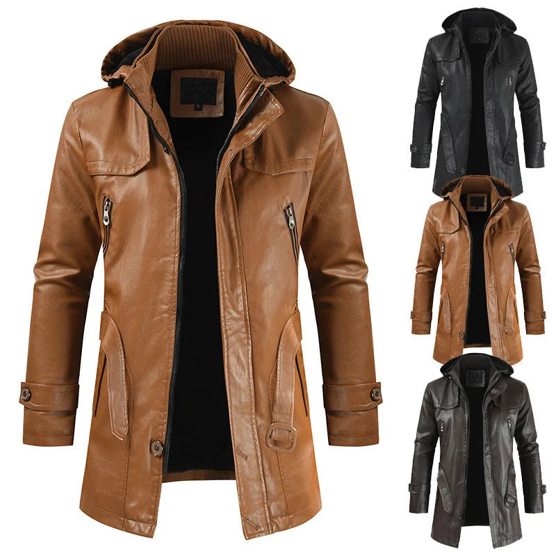 Winter Men's Outwear Casual Fashion PU Leather Coat Hooded Jacket .