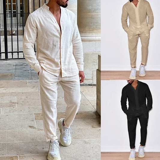 Mens Linen Leisure Suit Long Sleeve Shirts and Trousers Two Piece Sets