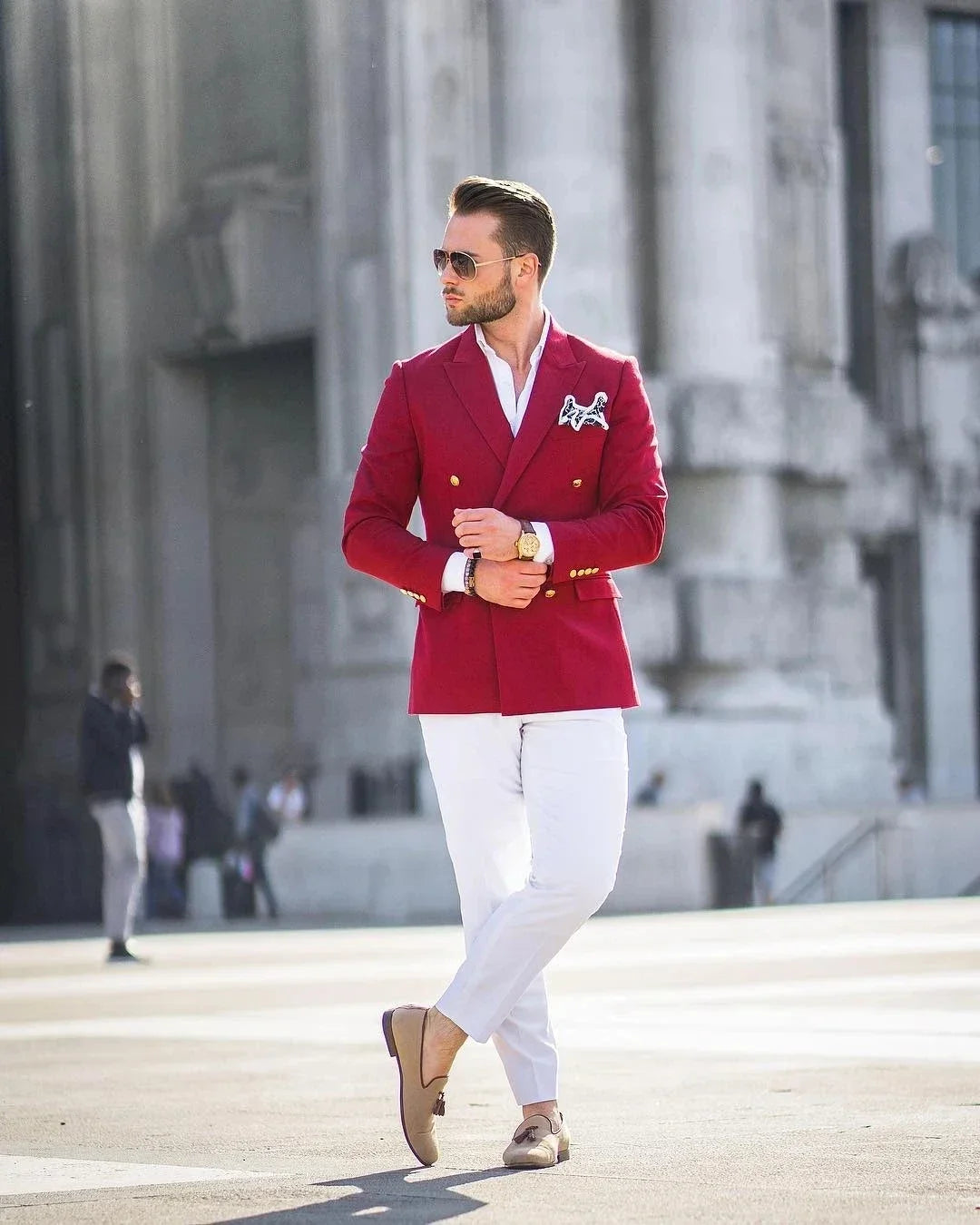 Red Jacket White Pant Men Suit Casual Slim Fit Blazer.