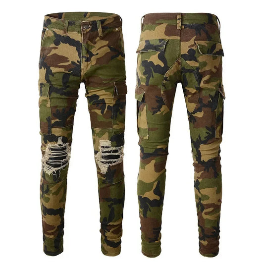 Multi-Pocket Patchwork Jeans Outdoor Camouflage