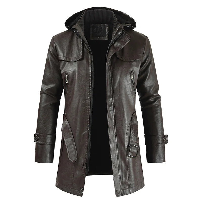 Winter Men's Outwear Casual Fashion PU Leather Coat Hooded Jacket .