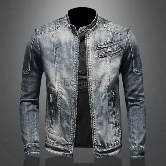 Retro-Inspired Denim Jacket: Trendy Stand-Up Collar, Zipper Closure